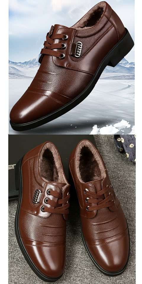 Men'S Genuine Leather Winter Warm Business Casual Shoes - Rubber Sole, Lace-Up Low-Top Design with Fabric Lining for All-Day Comfort, Black Solid Color for Office & Daily Wear