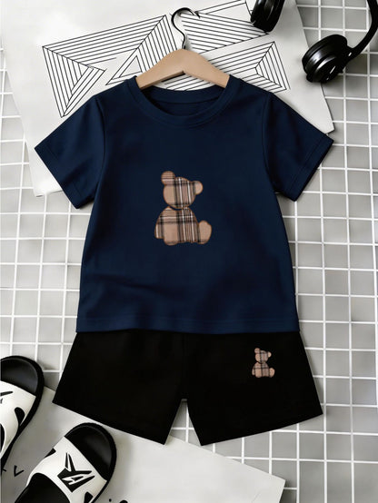 Infant Toddler Summer Shorts Set with Plaid Bear Print Tee