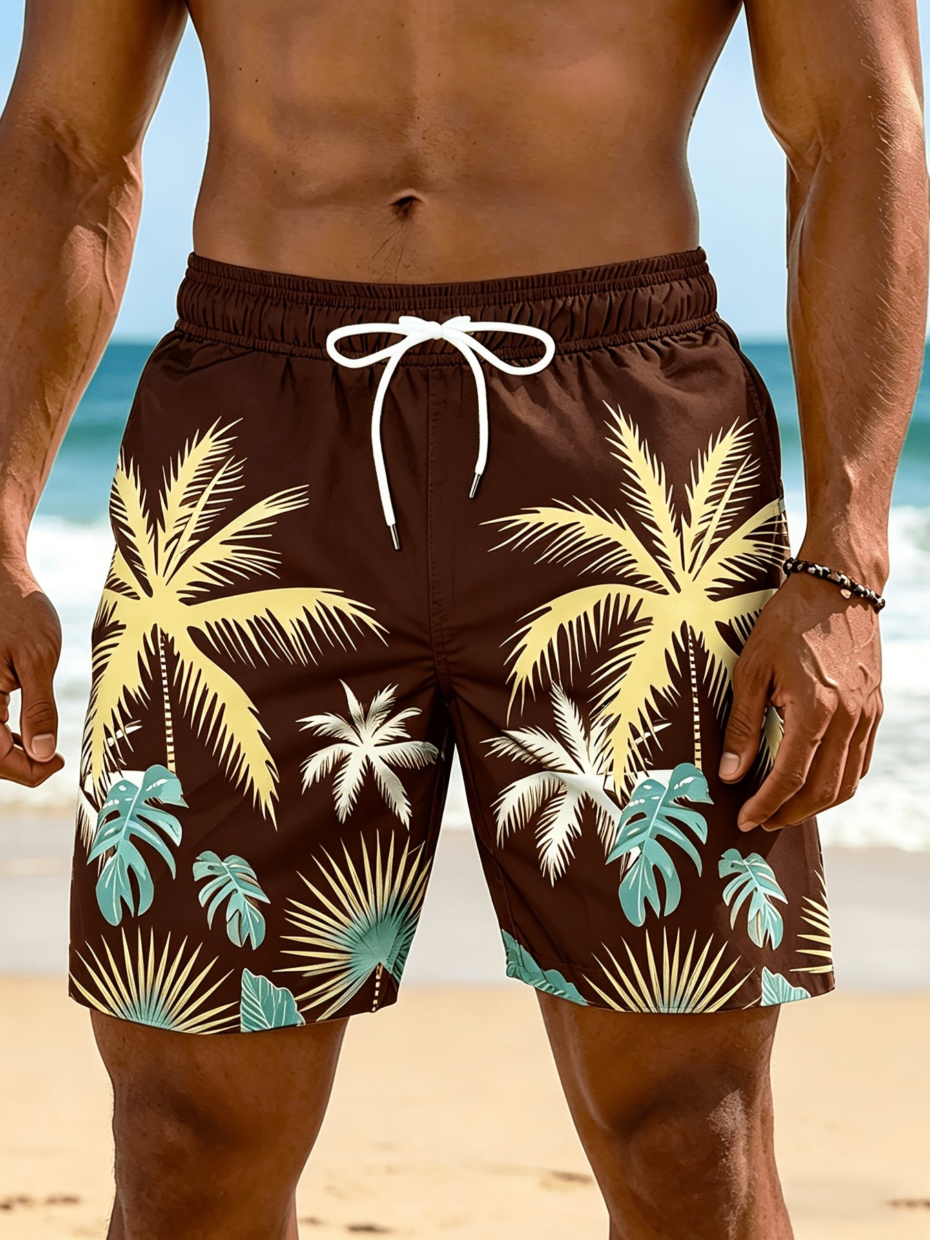Plus Size Men's Palm Tree Print Beach Shorts, Breathable Polyester