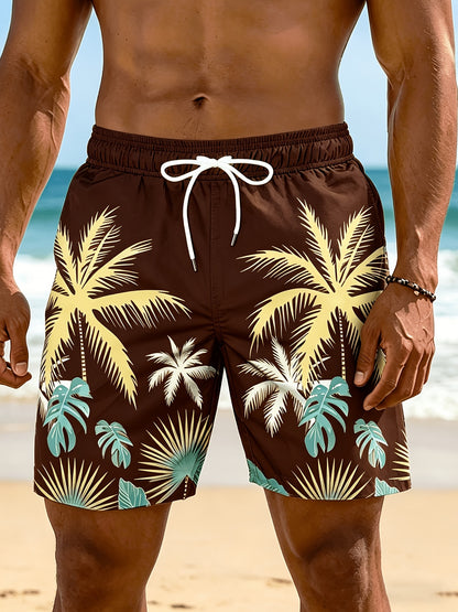 Plus Size Men's Palm Tree Print Beach Shorts, Breathable Polyester