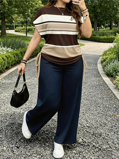 Women's Casual Two-Piece Set with Striped Bow Drawstring