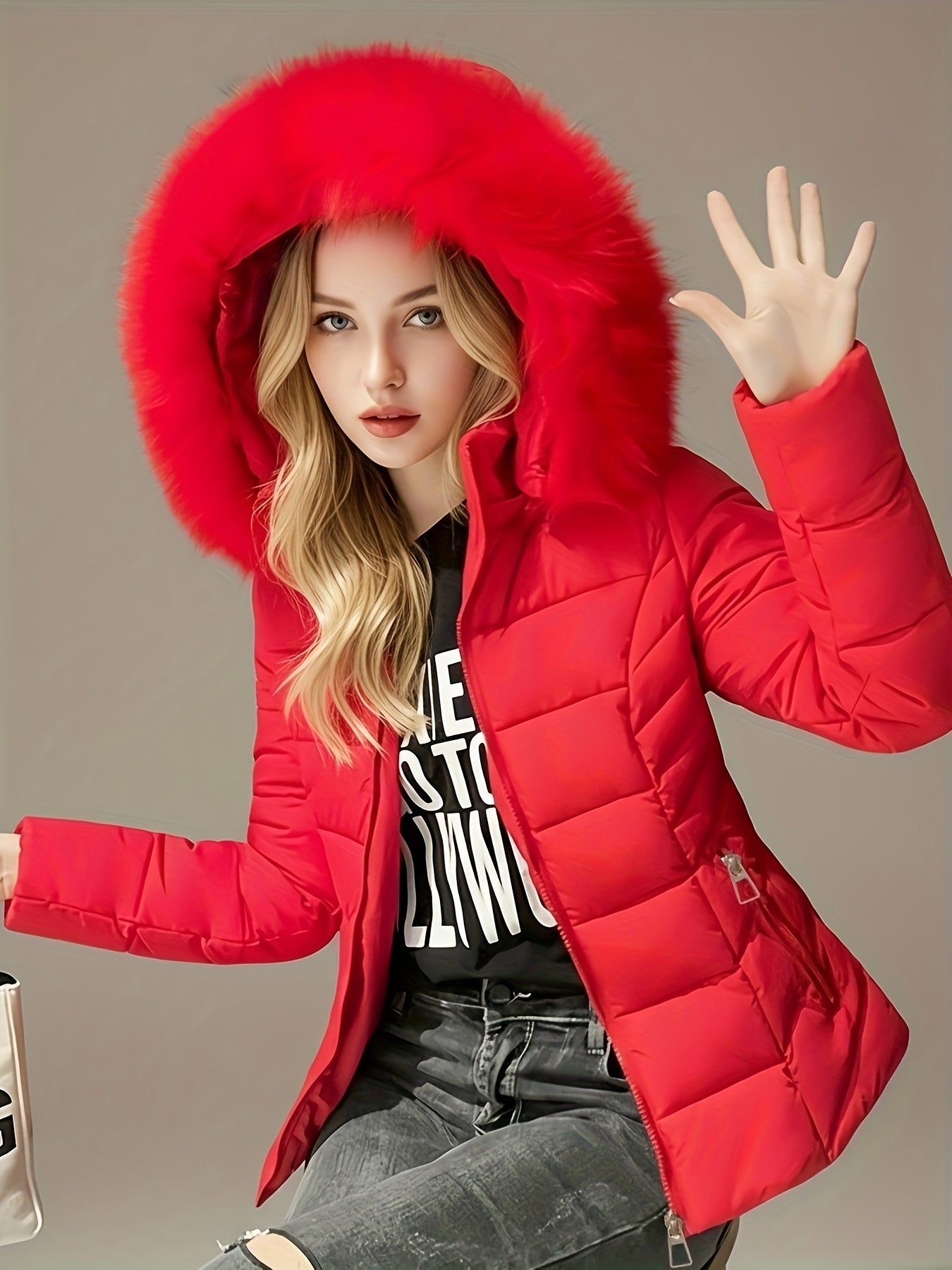 Women'S Red Winter Hooded Jacket with Plush Faux Fur Trim - Cozy Long Sleeve Zip-Up Coat, Slim Fit Casual Outerwear, Side Pockets, Warm & Stylish for Fall/Winter, Winter Jacket, Fall Fashion, Elegant Design, Soft Texture, Fas