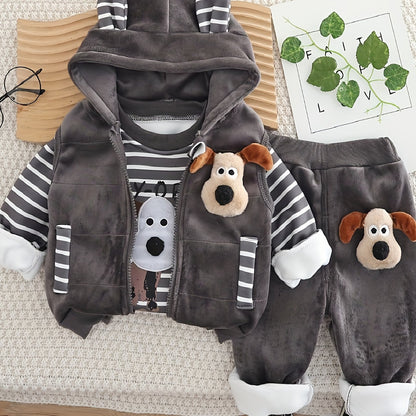 BABICOLOR 's Winter 3pcs Dog Print Hooded Jacket & Pants Set - Warm Loose-Fit Outfit, Winter Clothing for 1st Photoshoots, Casual Cold-Weather Outwear, Perfect for Outdoor