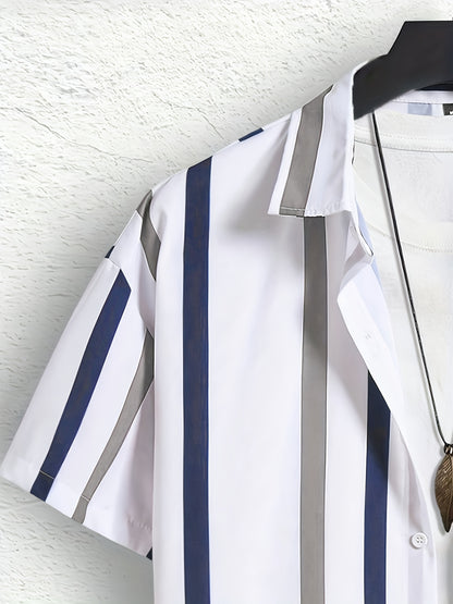 Men's Summer Casual Set: Striped Short-Sleeve Shirt & Beach Shorts
