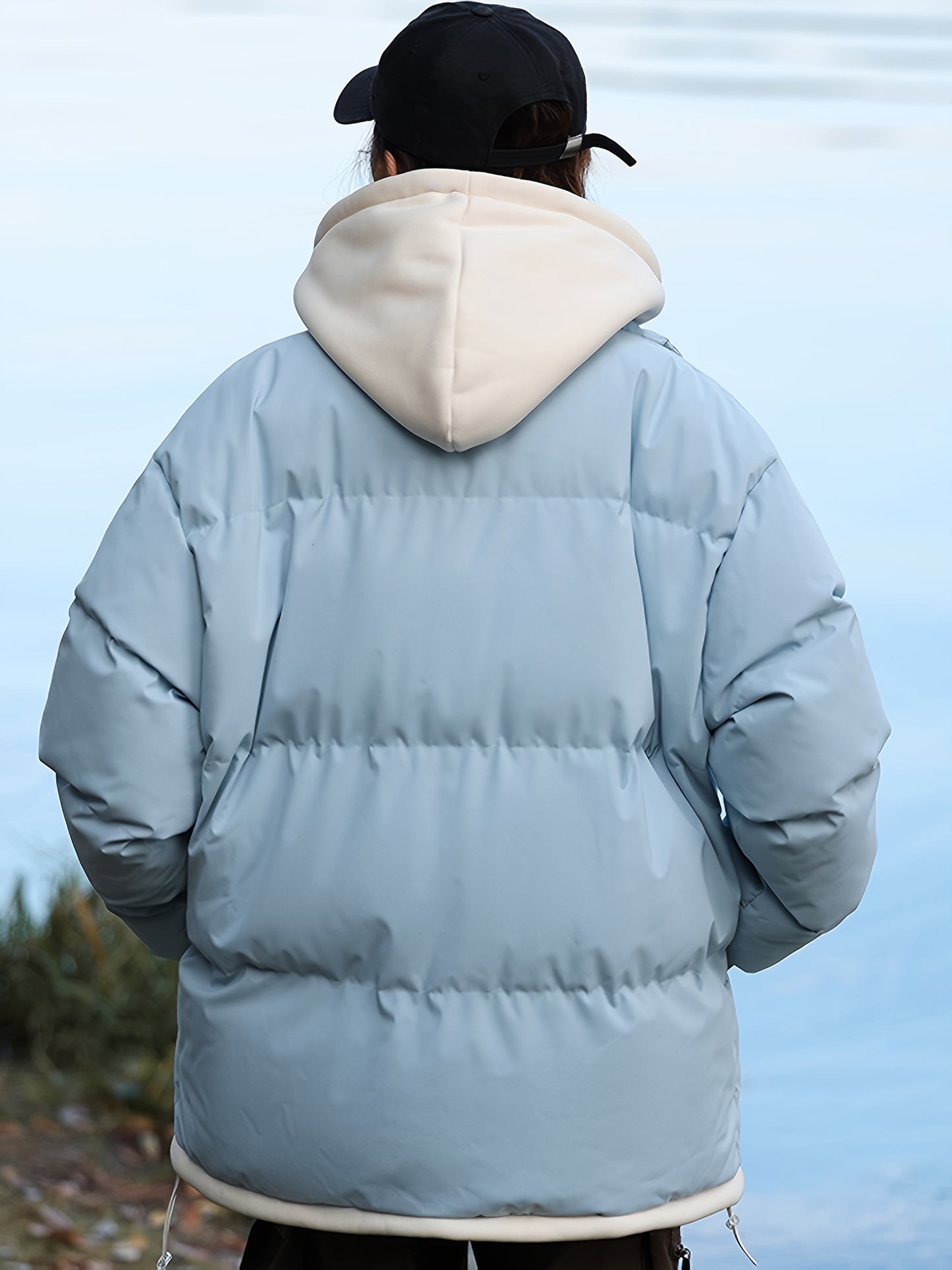 Women'S Light Blue Hooded Puffer Jacket - Cozy Fleece-Lined Winter Coat with Drawstring Hood, Casual Style for Cold Weather, Winter Coat