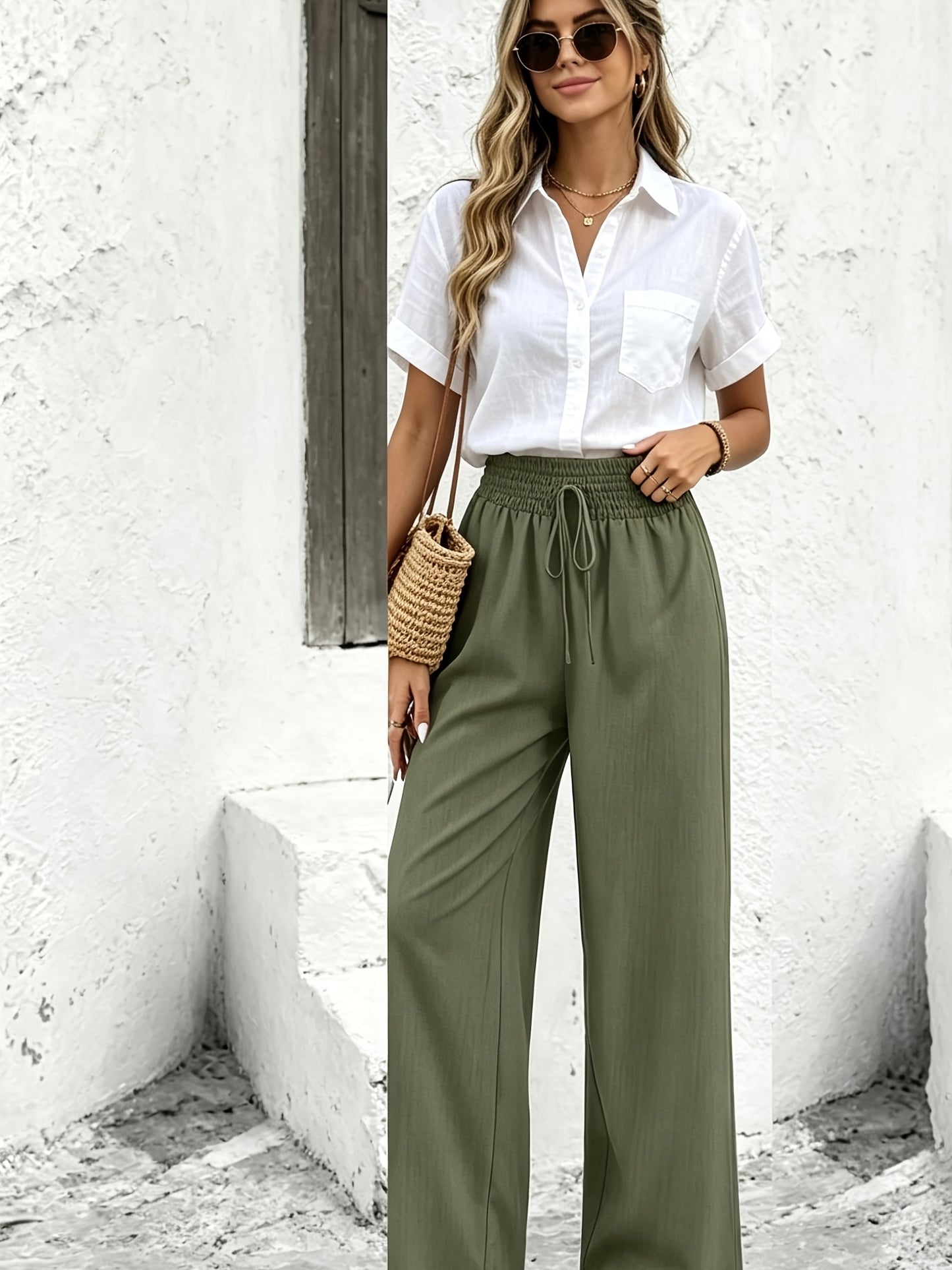 High-Waist Wide-Leg Polyester Trousers with Drawstring for Women