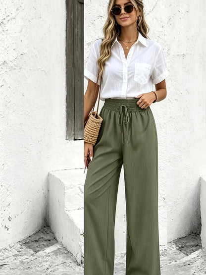 High-Waist Wide-Leg Polyester Trousers with Drawstring for Women