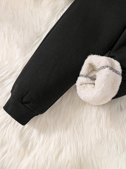 Autumn And Winter Style Fleece Tops, Fashionable Letter Pattern Prints, Warm Hoodies And Sweatpants Two-Piece Set, for Outdoor