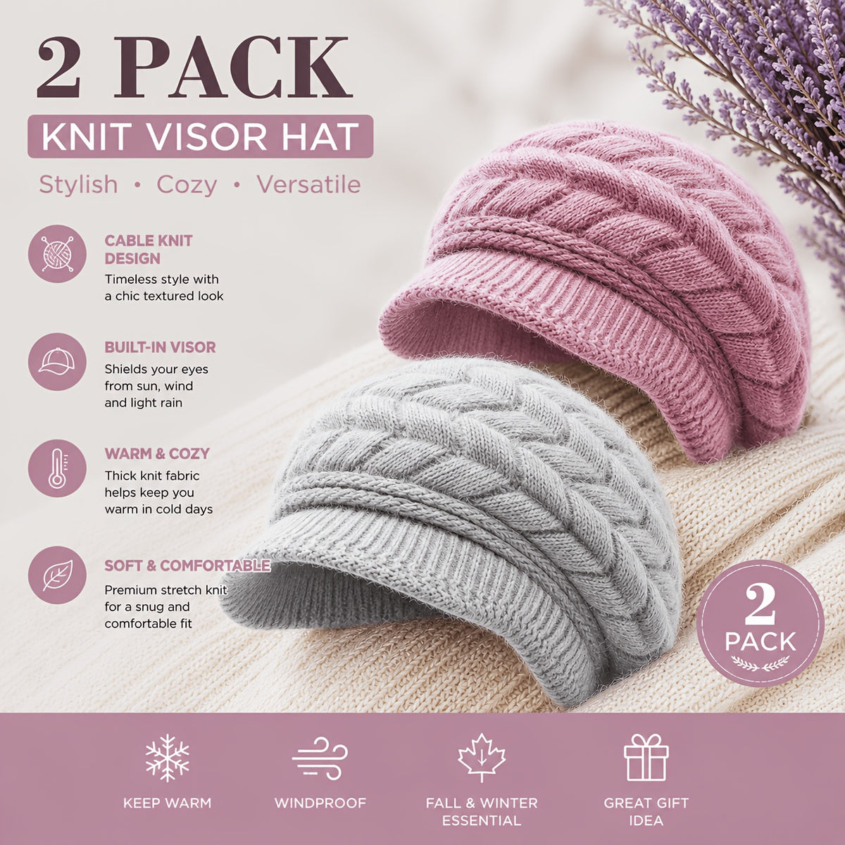 Women's Vintage Cable Knit Newsboy Hats with Sun Visor, Warm & Windpro