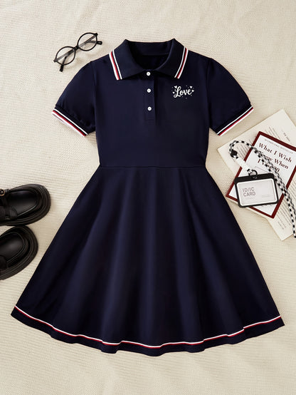 Girls' Preppy A-Line Dress with Button Front, Spring Summer