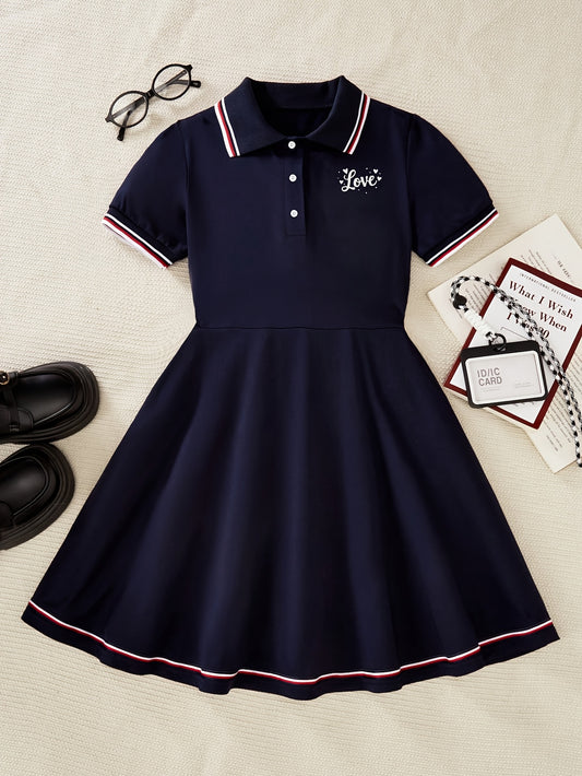 Girls' Preppy A-Line Dress with Button Front, Spring Summer
