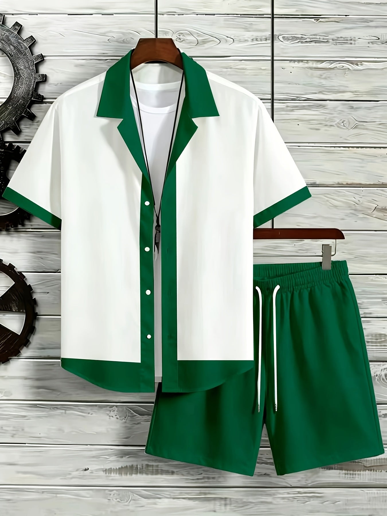 Men's Color Block Cuban Collar Shirt & Drawstring Shorts Set