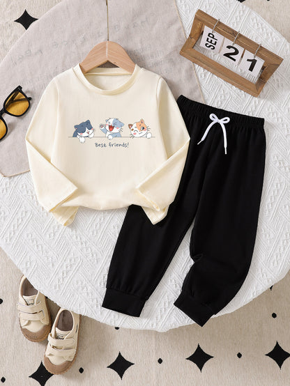 Boys' Casual Cotton 2-Piece Set with Cat Friendship Print