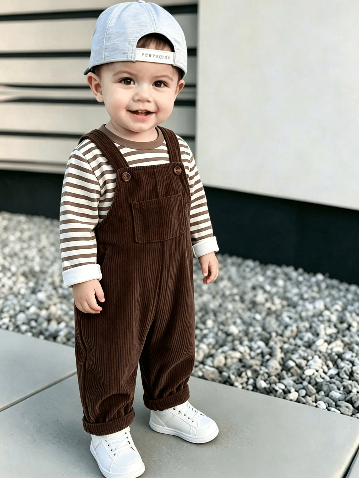 Baby Boys' Coffee-Stripe Long-Sleeve Overalls Set, Casual 2-Piece - ayq