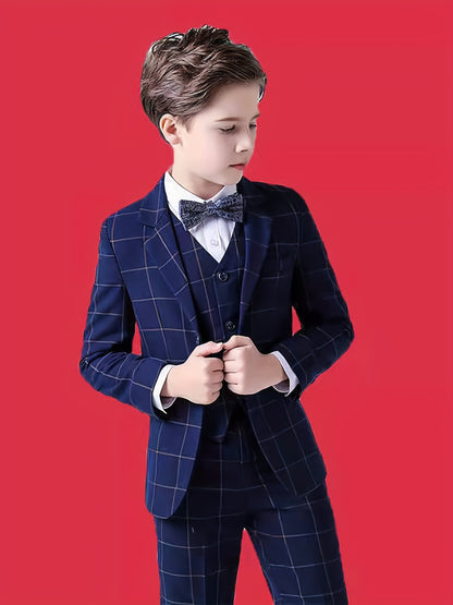 Boys' 4-Piece Plaid Suit Set with Vest and Bow Tie