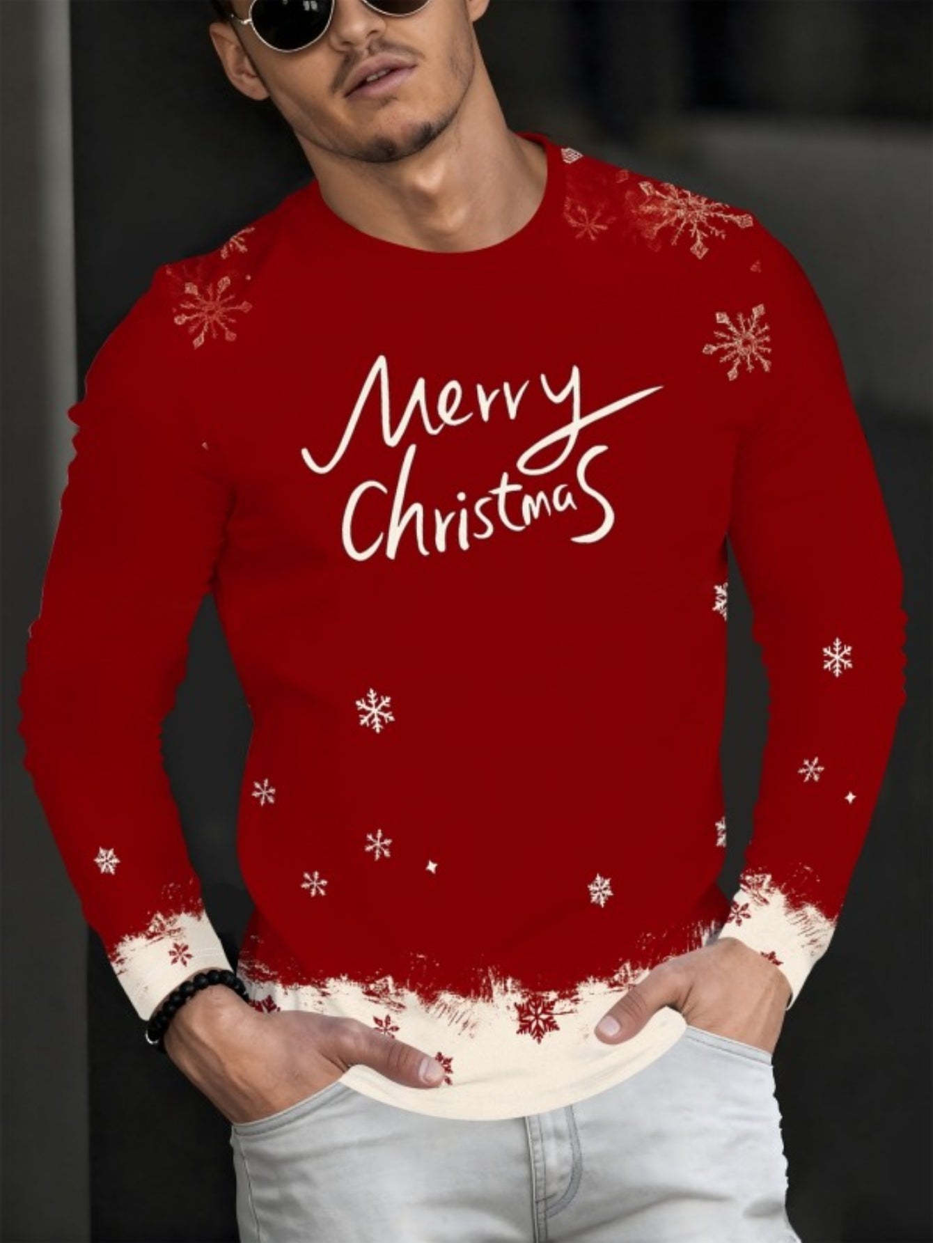 Men'S Christmas 3D Print Long Sleeve T-Shirt - Red & Snowflake & Merry Christmas Lettering, Round Neck Winter Warmth, Casual Holiday Party Outfit, Christmas T Shirt, Seasonal Clothing, Festive Design, Comfortable Fit, Holiday