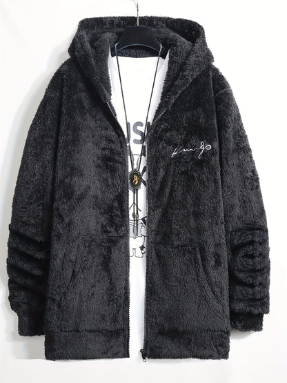 Casual Style] Men's "RELAX" Fleece Hoodie Jacket - Casual Dual-Sided Brown Teddy Coat with Zipper Closure, Long Sleeves for Fall/Winter, Casual Outerwear|Stylish Casualwear|Crafted Embroidery