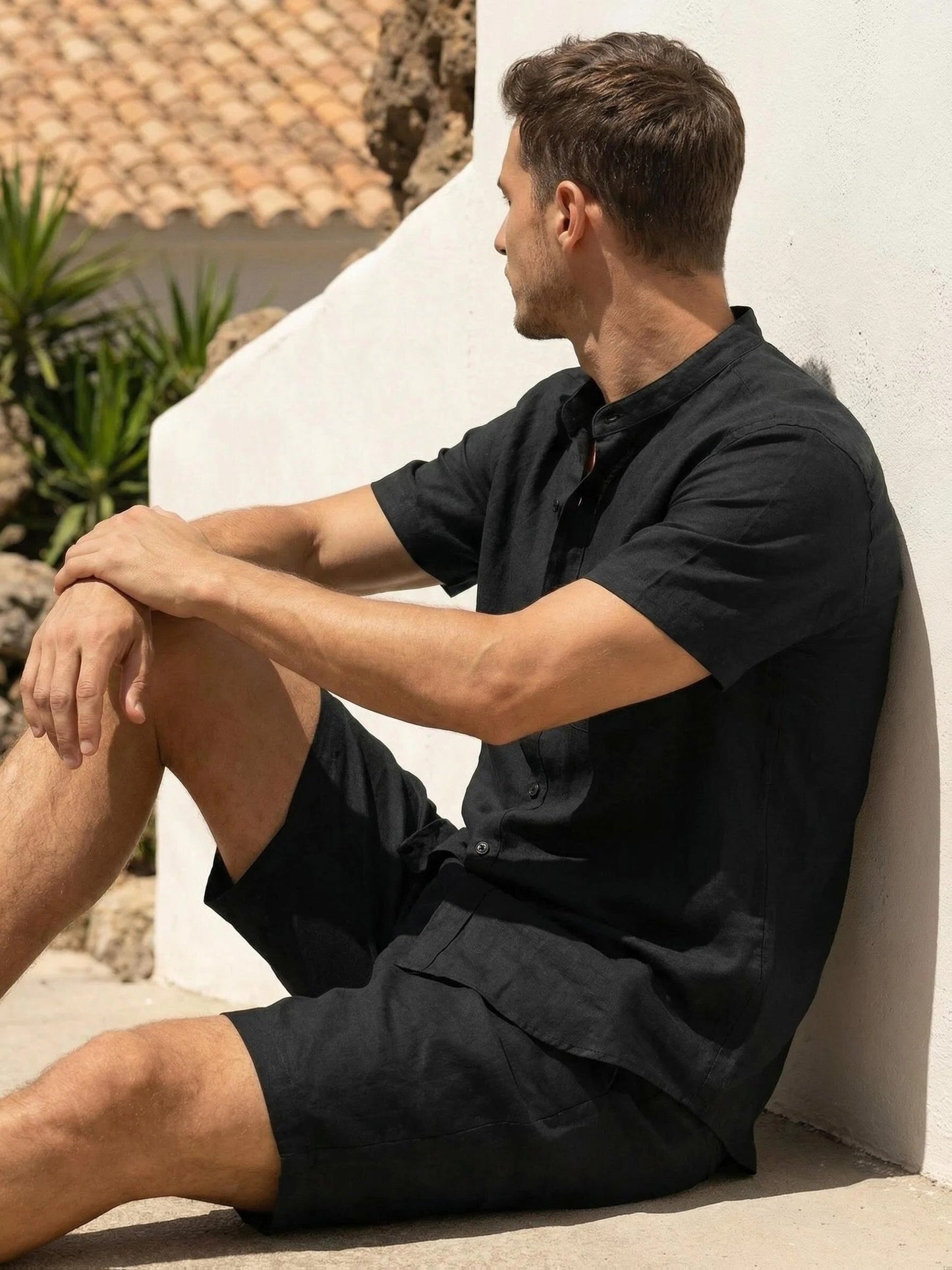 Men's Linen Short-Sleeve Shirt and Shorts Set for Summer Casual