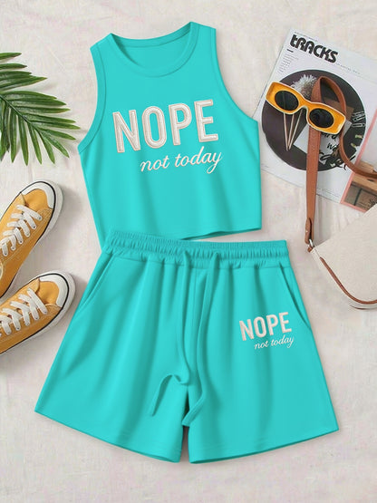 Casual Printed Vest and Shorts Set with Drawstring Pockets