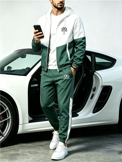Men's Spring-Fall Patchwork Athletic Hooded Jogger Set