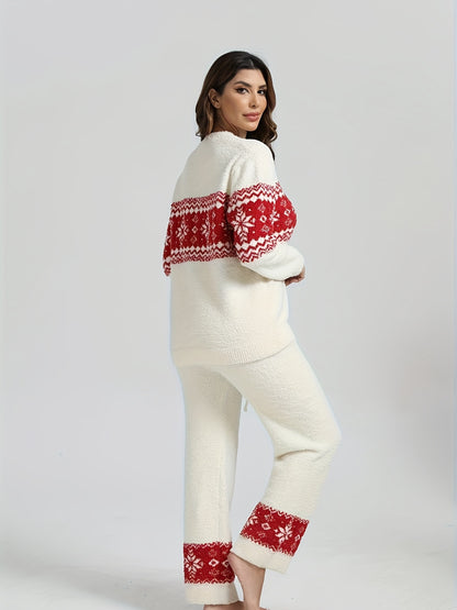Women's Autumn/Winter Home Wear Soft Warm Fashion Christmas Snowflake Long Sleeve Pants 2pcs Set