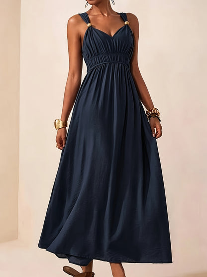 Elegant Summer V-Neck Beaded Sleeveless Waist-Cinching Dress
