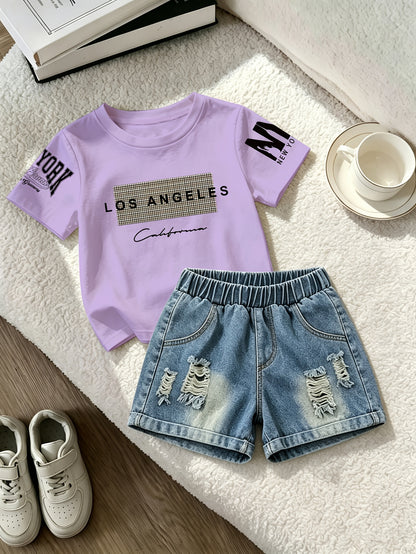 Summer Boys Los Angeles Print T-Shirt & Distressed Shorts Set