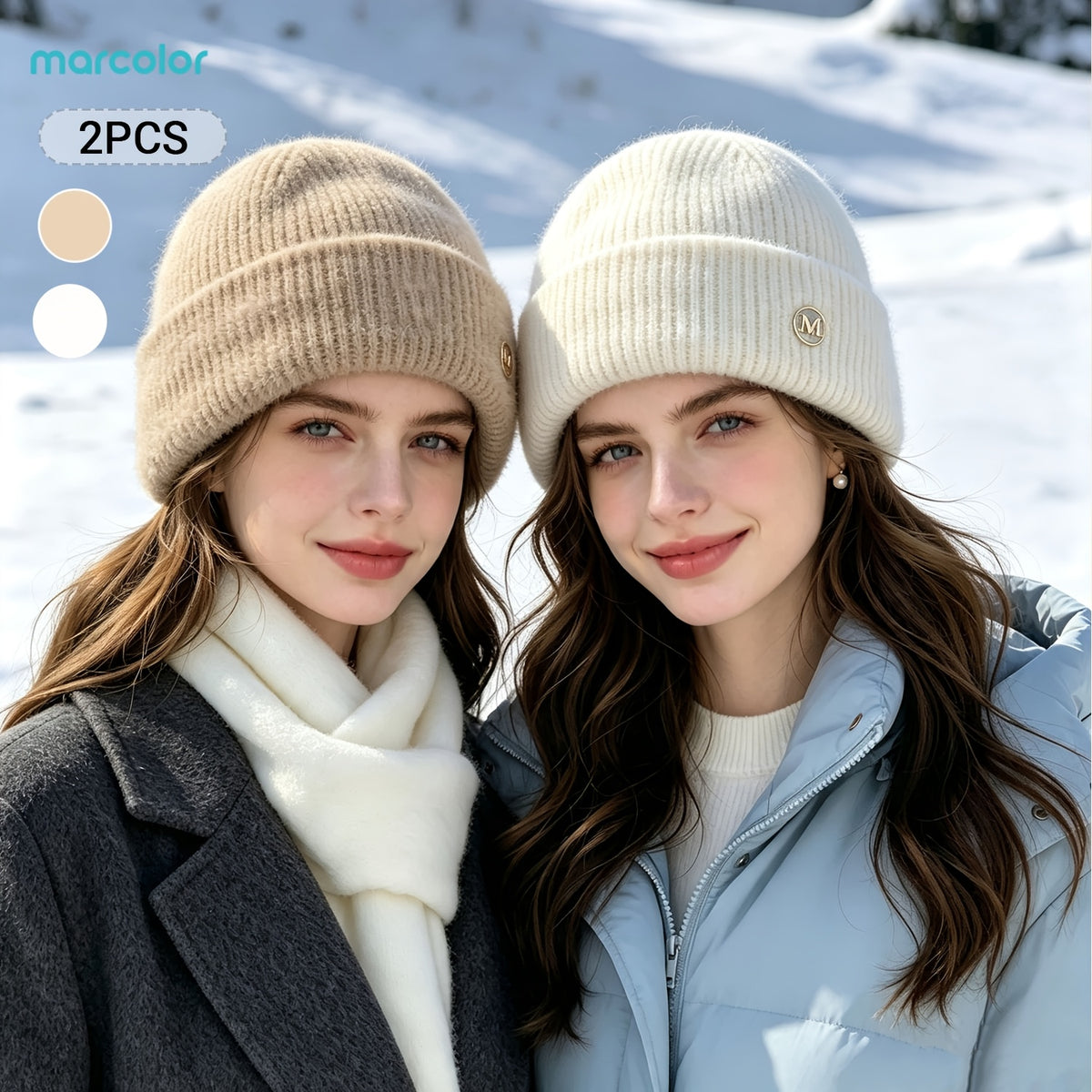 2-Pack Women's Ribbed Knit Beanie Hats with Metal Badge