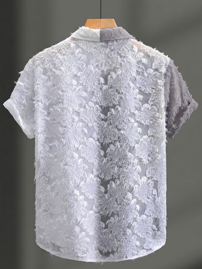 Men's Casual Sheer Lapel Collar Short Sleeve Shirt for Summer