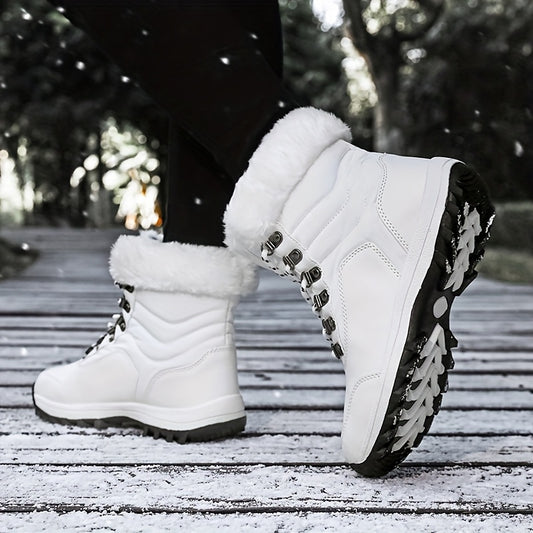 Women's Winter Snow Boots with -Like Collar & Traction Tread - Warm Round Toe Ankle-High Black/White Booties, Rubber Sole for Ice & Snow, Cold Weather Shoes (No Calf Strap) - Chinese New Year Ready Footwear