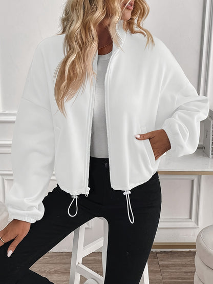 Women's Elegant Black Stand Collar Jacket with Full-Zip Closure - All-Season Casual to Semi-Formal Outerwear, Machine Washable Zippered Coat for Fall Winter Layering, Versatile Work to Semi-Formal Outfits