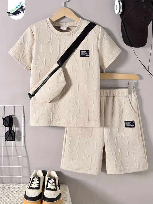 Boys' Stylish White Short Sleeve T-Shirt + Casual Shorts + Fashion Crossbody Bag Set, Perfect for Outdoor