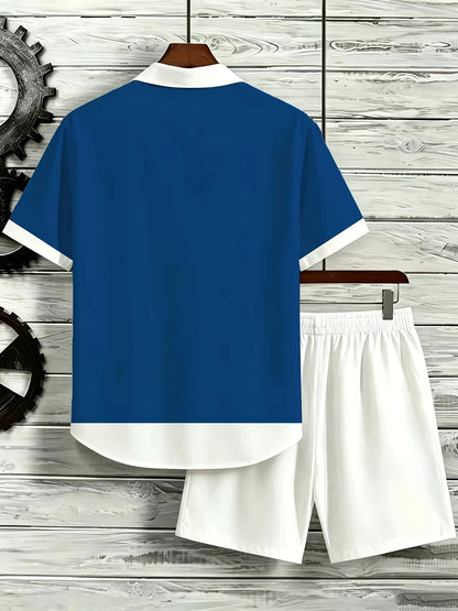 Men's Color Block Cuban Collar Shirt & Drawstring Shorts Set