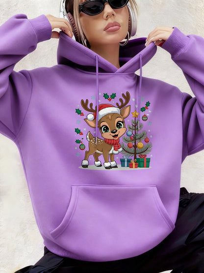 Women'S Christmas Hoodie - Thick Fleece-Lined Winter Sweatshirt with Deer & Snowflakes, Plaid Santa Hat Design, Cozy Casual Pullover for Holiday Party Outfits