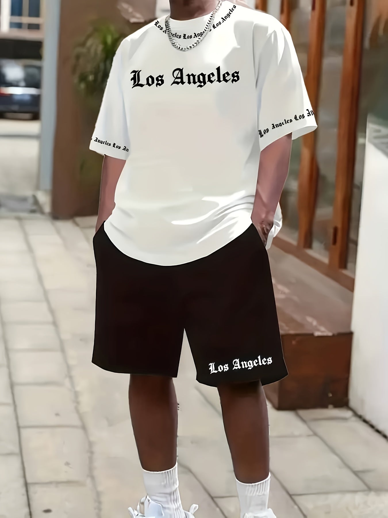 Los Angeles English Pattern Men's Short Sleeve Shirt + Casual Sport Set, Breathable Soft Summer Outfit with Pocketed Shirt and Drawstring Shorts