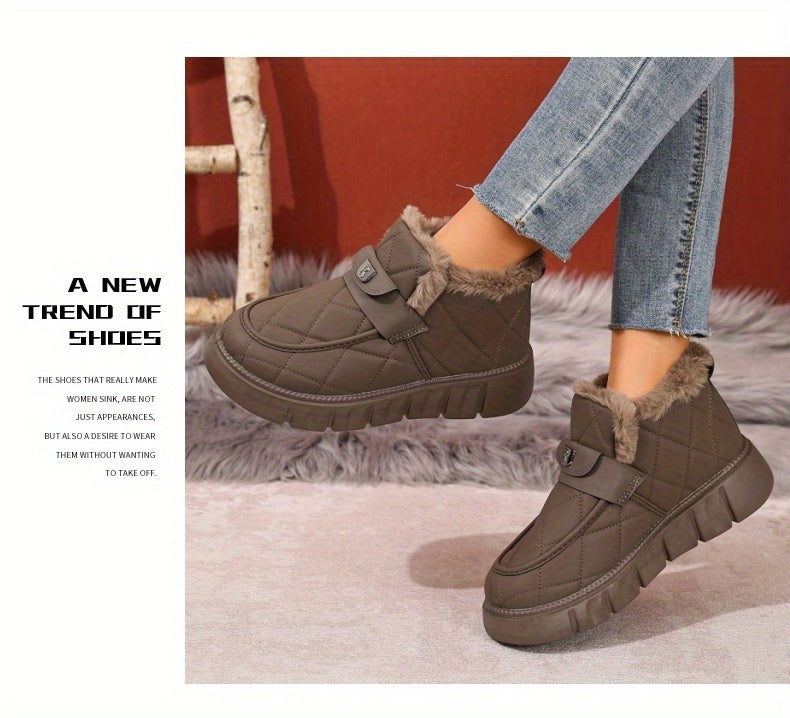 Autumn Winter Plush Lined Thick Warm Snow Boots, Versatile Outdoor Slip-On with Block Heel, Comfortable Round Toe for Casual Daily Use and Cold Weather Hiking