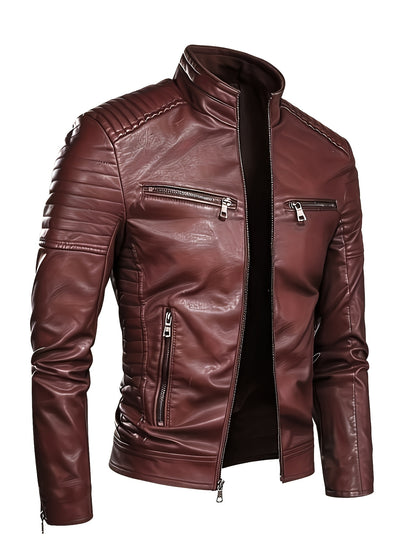 Men's Black Quilted Faux Leather Biker Jacket with Stand Collar