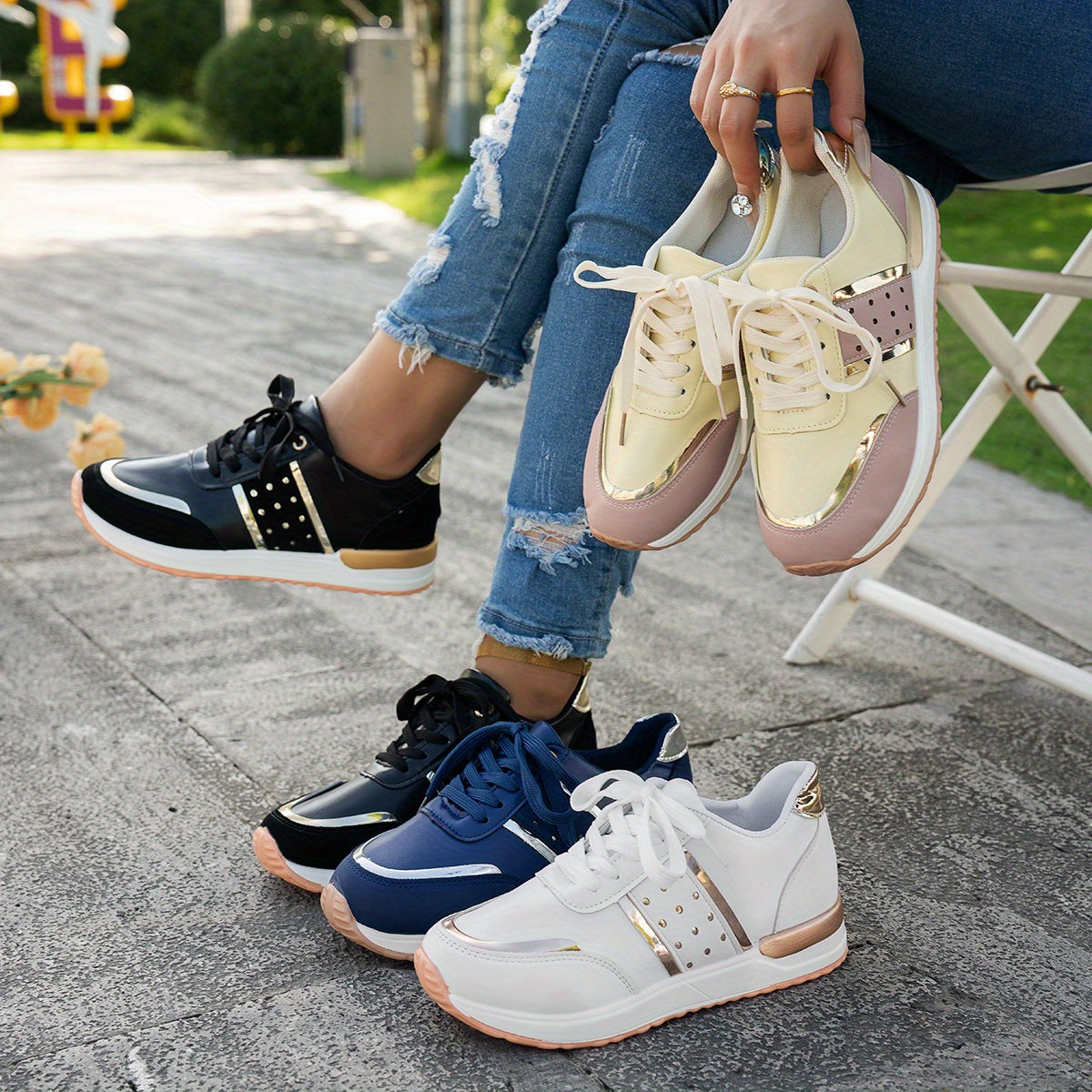 Women'S Chunky Platform Sneakers - Pastel Yellow  Pink Synthetic Cover Low-Top Lace-Up Shoes with Golden Accents, Breathable Fabric Lining, Durable PU Sole for All-Season Casual Wear, Ladies Sneakers, Comfortable Footwear