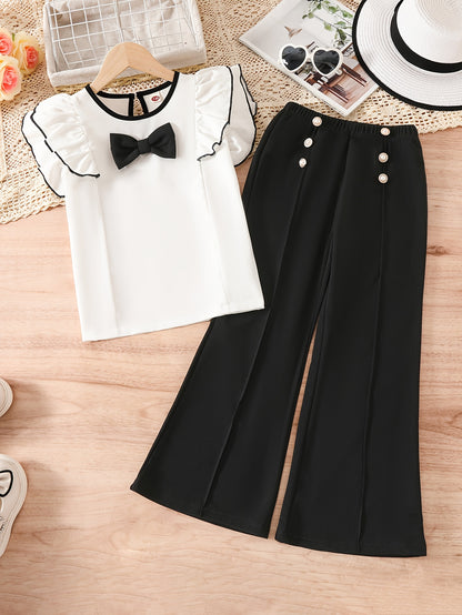 Girls' Summer Fashion Set: White Ruffle Sleeve Bow Top & Black Flared