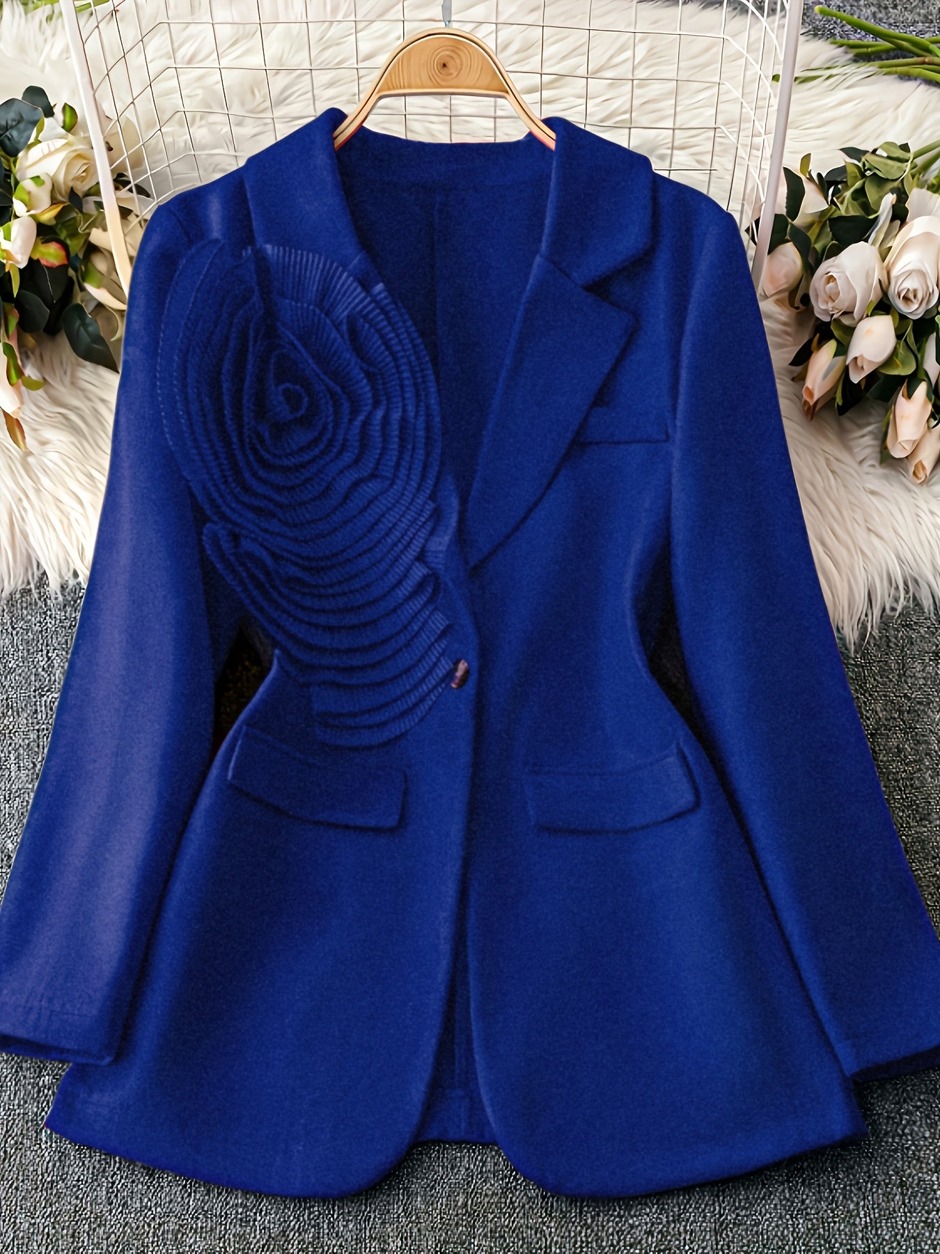 1pc Women'S Elegant Pink Blazer - Thick Winter Coat with Floral Pattern, Structured Lapel Collar & Single-Button Closure, Long Sleeve Tailored Jacket for Fall/Winter