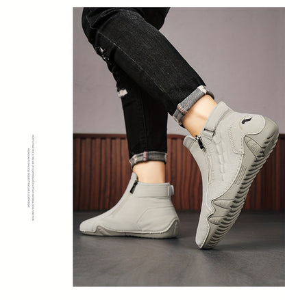 Men'S High-top Casual Shoes With Anti-slip, Comfortable, Outdoor, Fashionable, Plus Size, Business, Hand-stitched, Zipper, Cro, Lace-up.