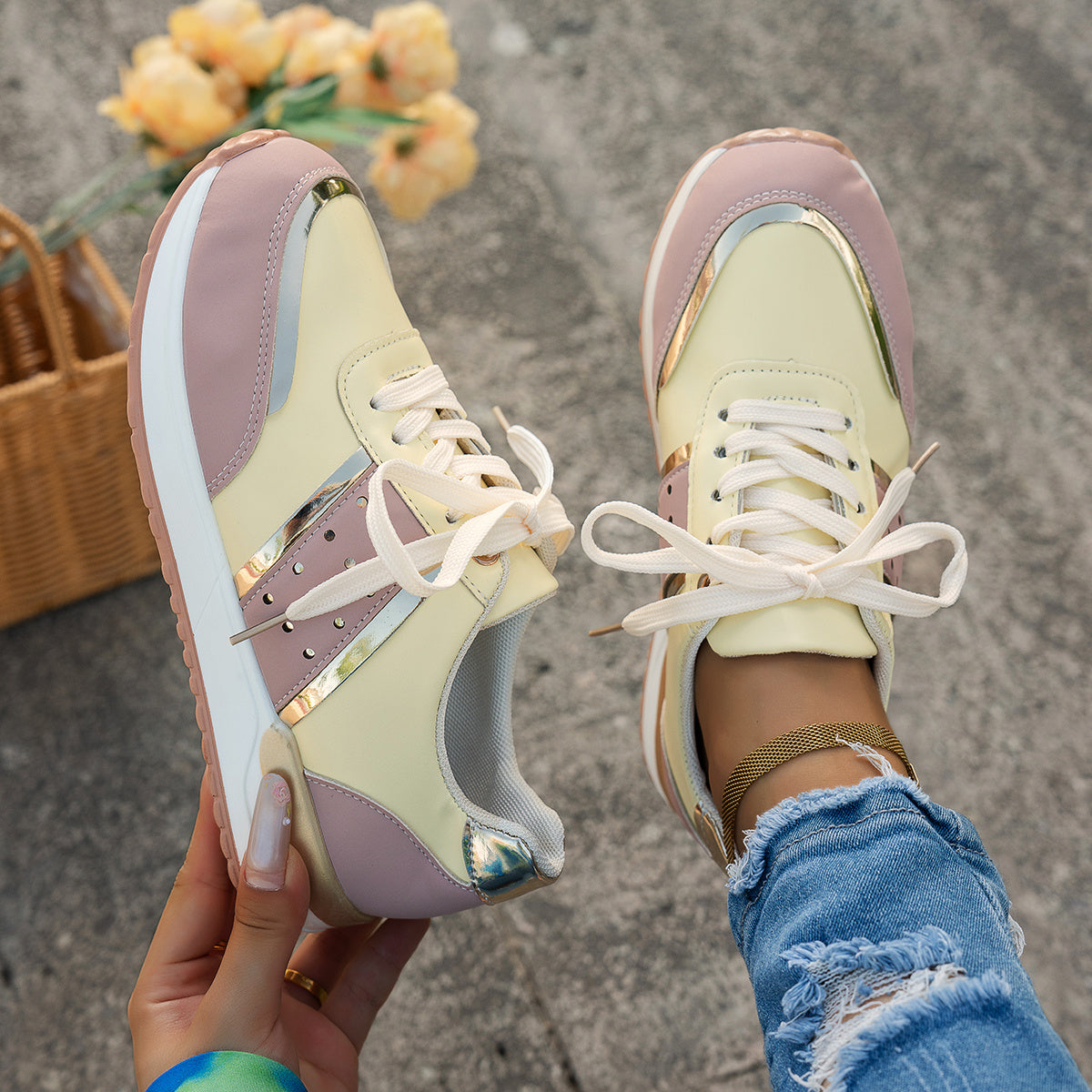 Women'S Chunky Platform Sneakers - Pastel Yellow  Pink Synthetic Cover Low-Top Lace-Up Shoes with Golden Accents, Breathable Fabric Lining, Durable PU Sole for All-Season Casual Wear, Ladies Sneakers, Comfortable Footwear