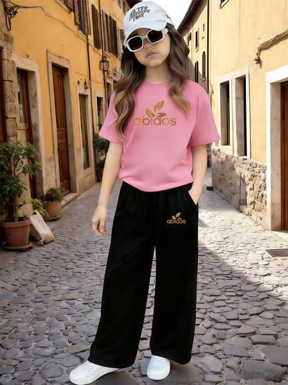 Girls Casual 2-Piece Summer Set: Printed T-Shirt & Wide Leg Pants