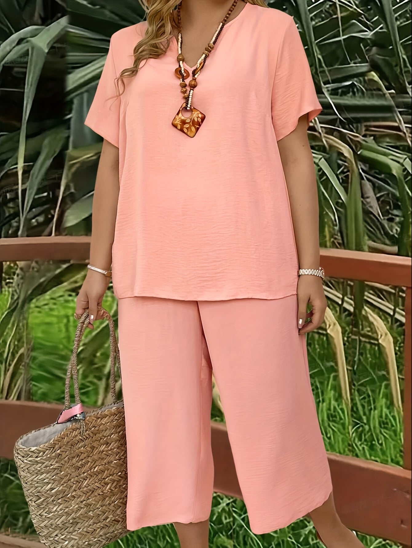 Women's Plus Size Suit, Elegant Solid Color Short Sleeve Top and Wide Leg Pants