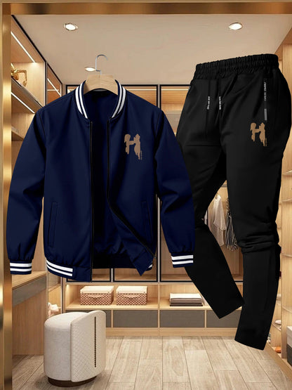 Men's Casual Sportswear Set with Brown Geometric Jacket & Pants