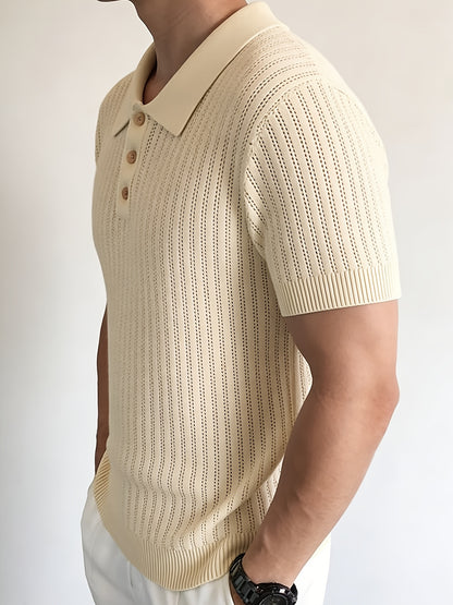 Men'S Summer Knitted Polo Shirt | Breathable Striped Design, Casual Lapel Collar, Short Sleeves, Three-Button Closure, Slim Fit, Ideal For Business Casual And Travel - ayq