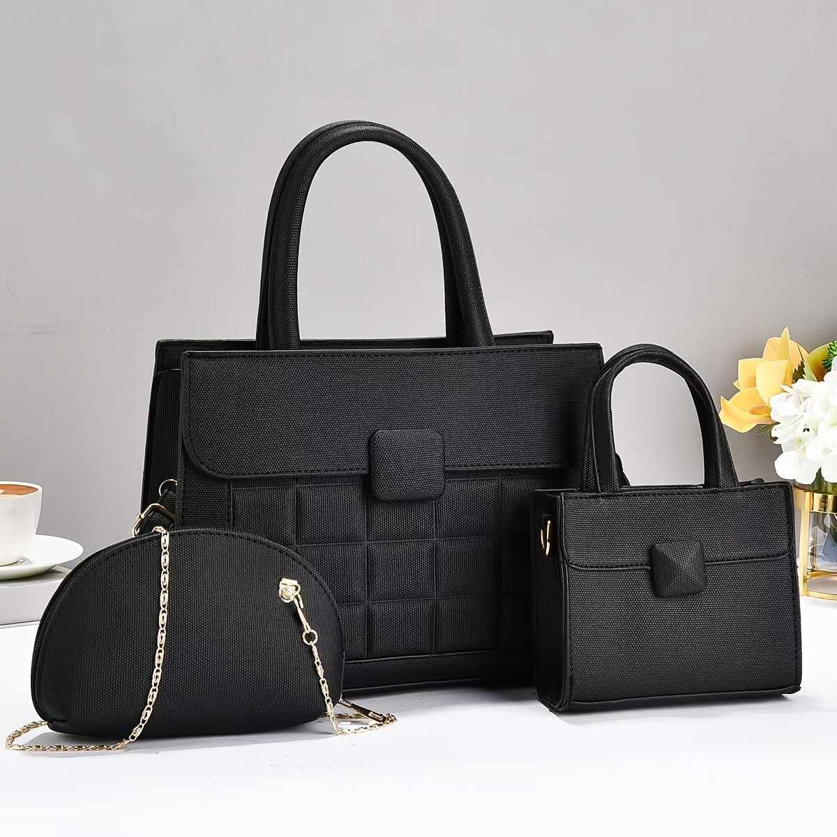 Set of 3 Stylish Large-Capacity PU Tote Bags with Adjustable Strap