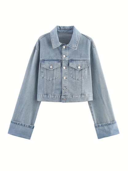 One Summer-Autumn Women's Short Rolled Sleeve Oversized Style Jacket with Contrast Stitching, Metal Buttons for Urban Street Fashion, Jackets for Women High Quality, Casual Wear, Everyday Jacket, Modern Design, Metal Detailin