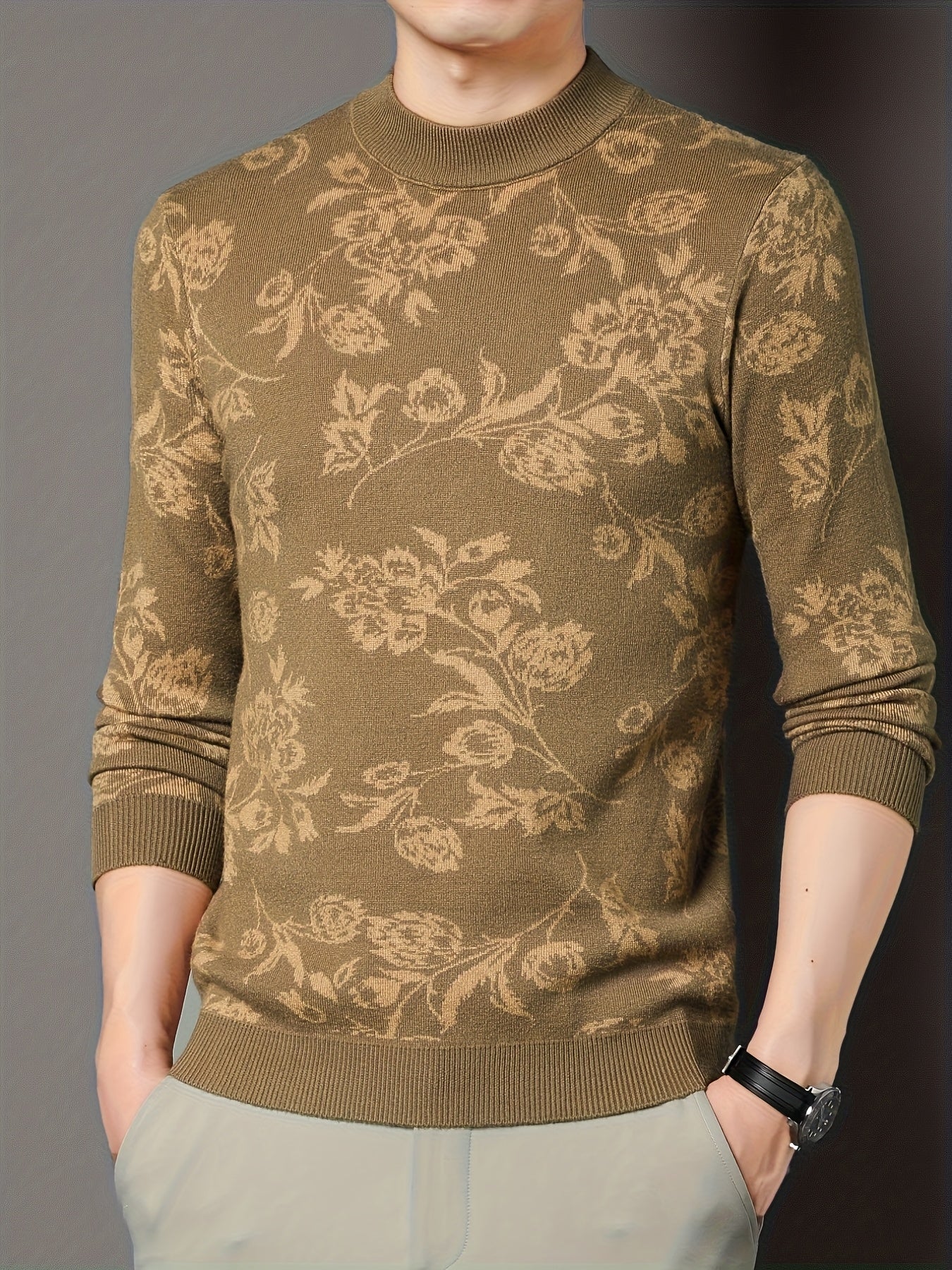 The New Autumn And Winter Collection Features a Men'S Long-Sleeve Knitted Pullover with a Floral Pattern, Designed with Ribbed Details. This Casual And Stylish Sweater Is Perfect for Everyday Wear During The Fall And Winter S