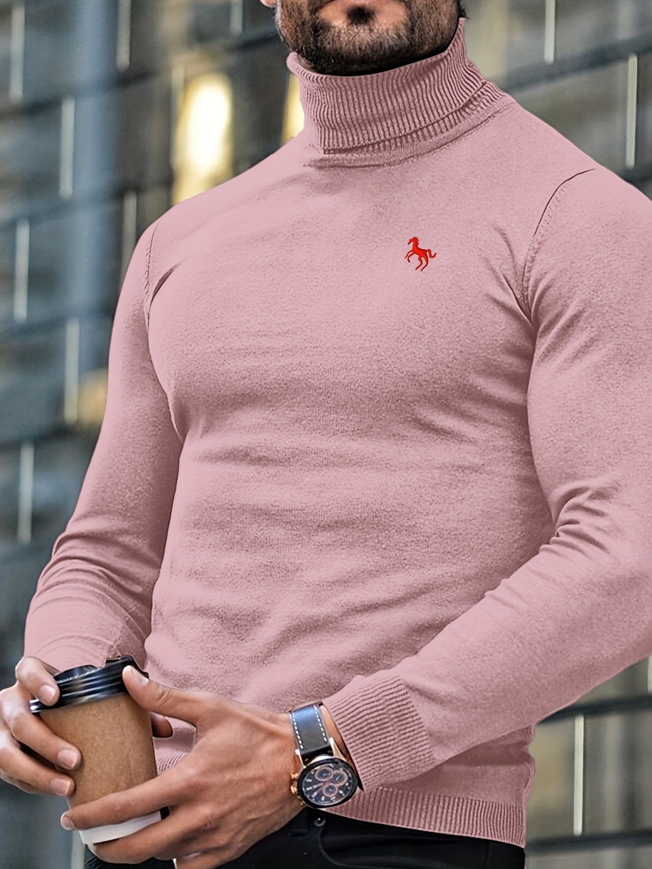 Men'S High-Neck Knitted Sweater | Slim Fit Pullover with Embroidered Spurs Design, Soft and Comfortable, Rayon Fabric, Fall/Winter Collection